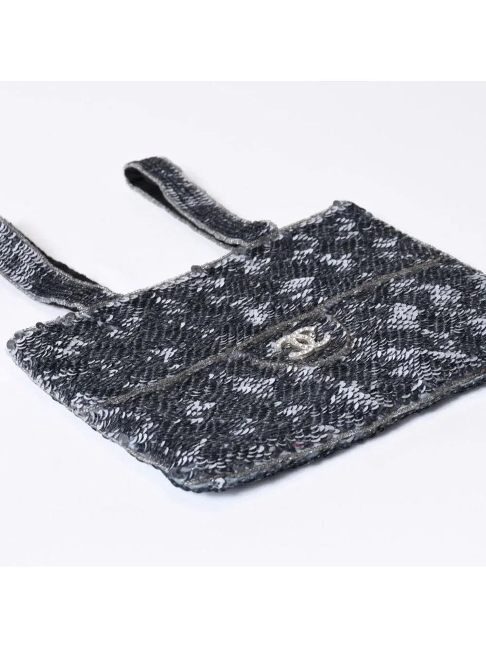 Chanel Sequin Handbag CC Logo Rhinestone Silver Clear
